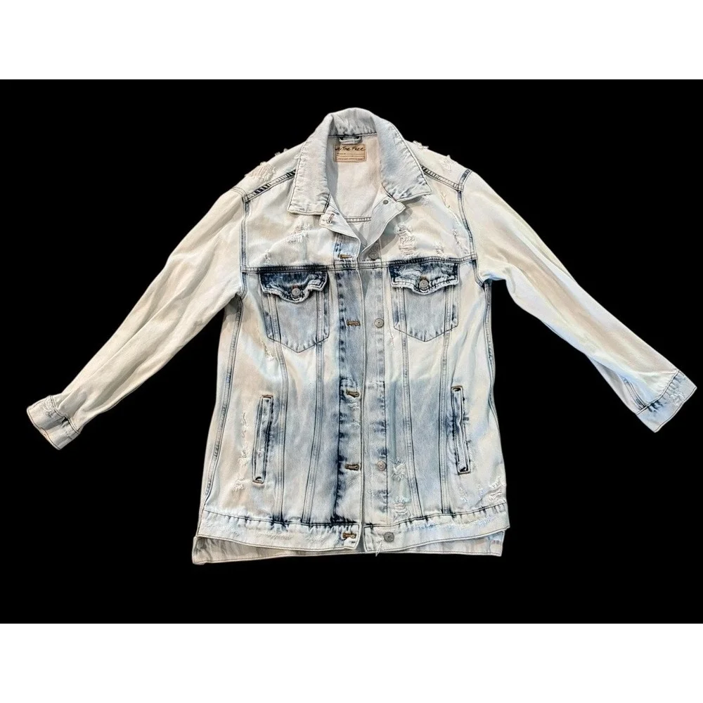 Free People We The Free Destroyed Long & Lean Trucker Jacket Denim S Oversized - Picture 1 of 8